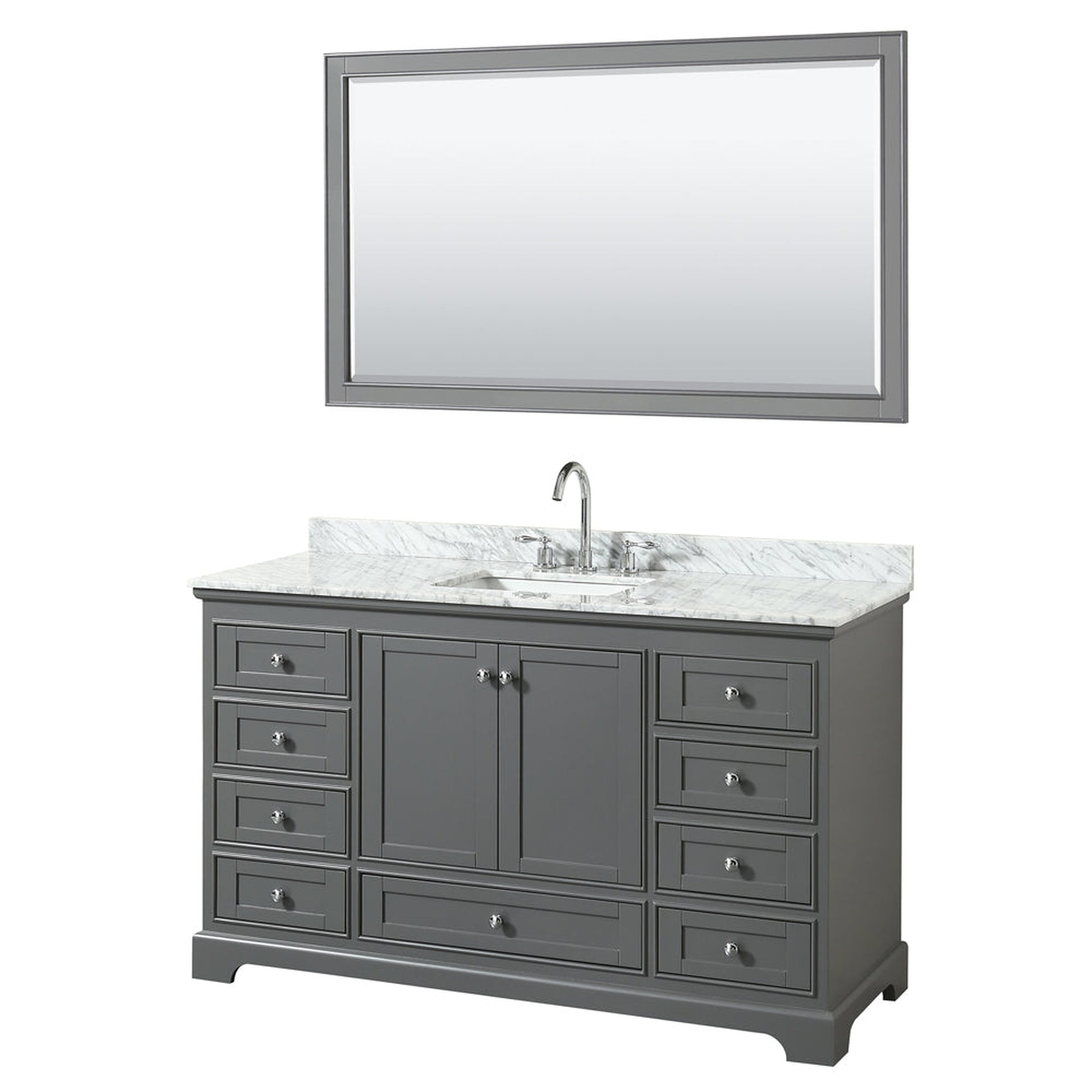 Wyndham Collection Deborah 60" Single Bathroom Vanity in Dark Gray, White Carrara Marble Countertop, Undermount Square Sink, and 58" Mirror