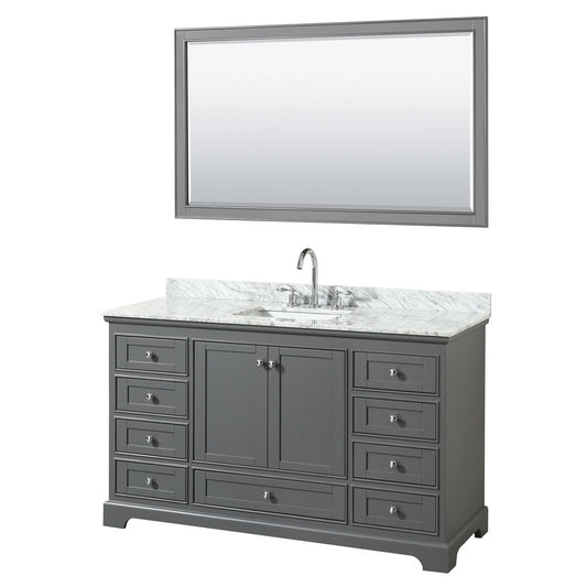 Wyndham Collection Deborah 60" Single Bathroom Vanity in Dark Gray, White Carrara Marble Countertop, Undermount Square Sink, and 58" Mirror