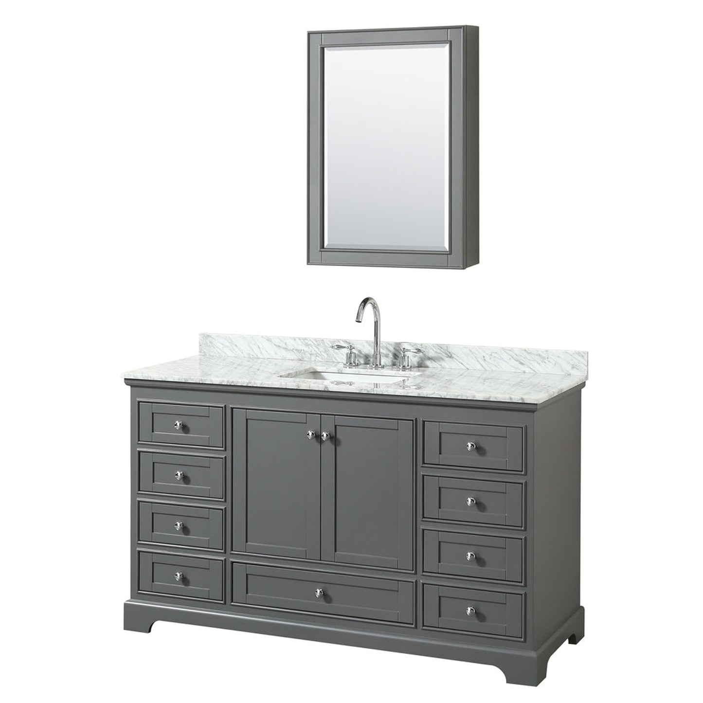 Wyndham Collection Deborah 60" Single Bathroom Vanity in Dark Gray, White Carrara Marble Countertop, Undermount Square Sink, and Medicine Cabinet