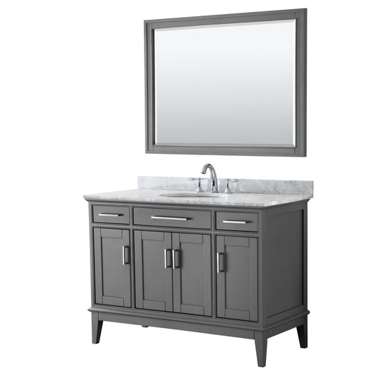 Wyndham Collection Margate 48" Single Bathroom Dark Gray Vanity With White Carrara Marble Countertop, Undermount Oval Sink And 44" Mirror