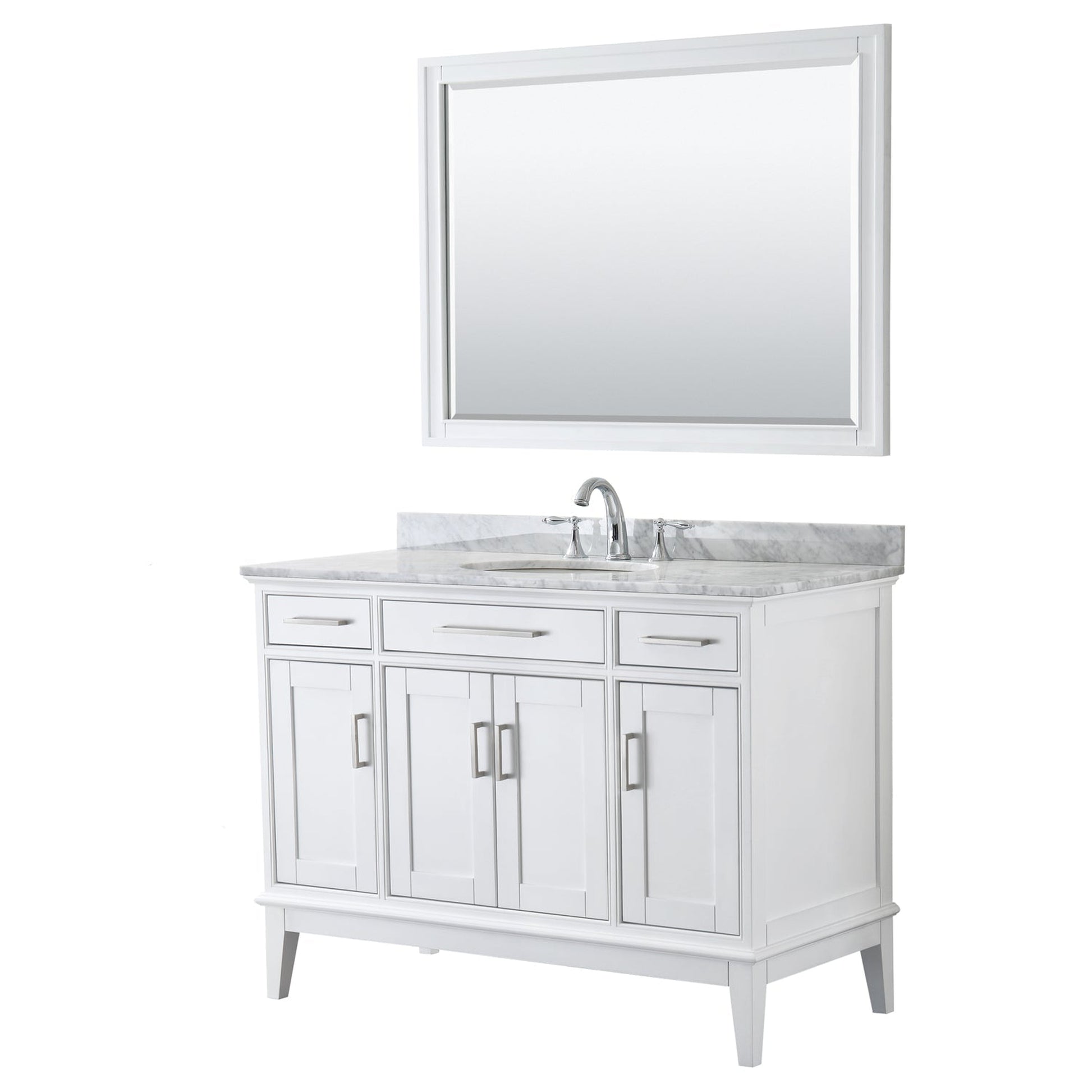 Wyndham Collection Margate 48" Single Bathroom White Vanity With White Carrara Marble Countertop, Undermount Oval Sink And 44" Mirror