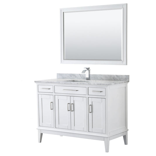 Wyndham Collection Margate 48" Single Bathroom White Vanity With White Carrara Marble Countertop, Undermount Square Sink And 44" Mirror
