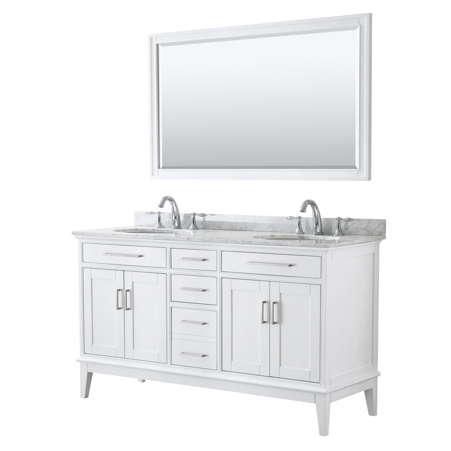 Wyndham Collection Margate 60" Double Bathroom White Vanity With White Carrara Marble Countertop, Undermount Oval Sink And 56" Mirror