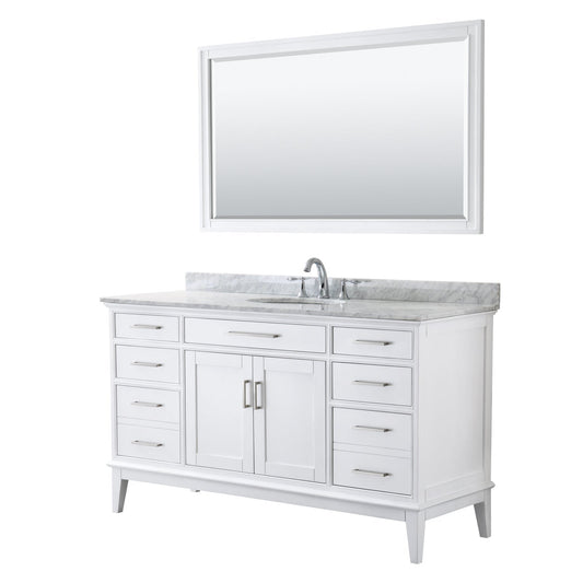 Wyndham Collection Margate 60" Single Bathroom White Vanity With White Carrara Marble Countertop, Undermount Oval Sink And 56" Mirror