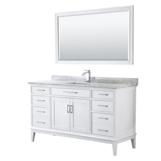 Wyndham Collection Margate 60" Single Bathroom White Vanity With White Carrara Marble Countertop, Undermount Square Sink And 56" Mirror