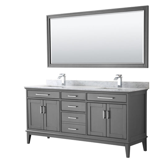 Wyndham Collection Margate 72" Double Bathroom Dark Gray Vanity With White Carrara Marble Countertop, Undermount Square Sink And 70" Mirror