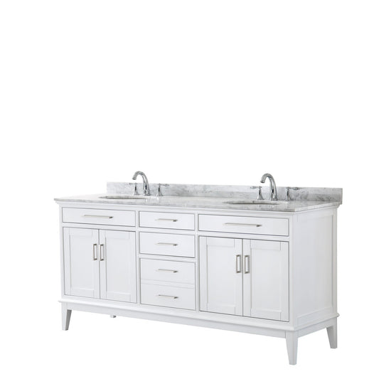 Wyndham Collection Margate 72" Double Bathroom White Vanity With White Carrara Marble Countertop And Undermount Oval Sink