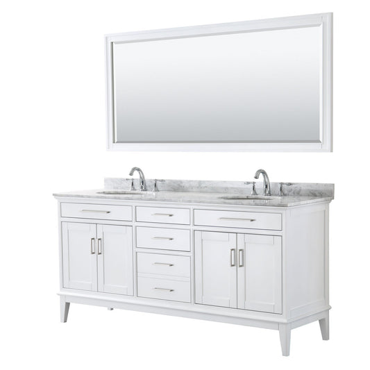 Wyndham Collection Margate 72" Double Bathroom White Vanity With White Carrara Marble Countertop, Undermount Oval Sink And 70" Mirror