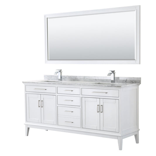 Wyndham Collection Margate 72" Double Bathroom White Vanity With White Carrara Marble Countertop, Undermount Square Sink And 70" Mirror