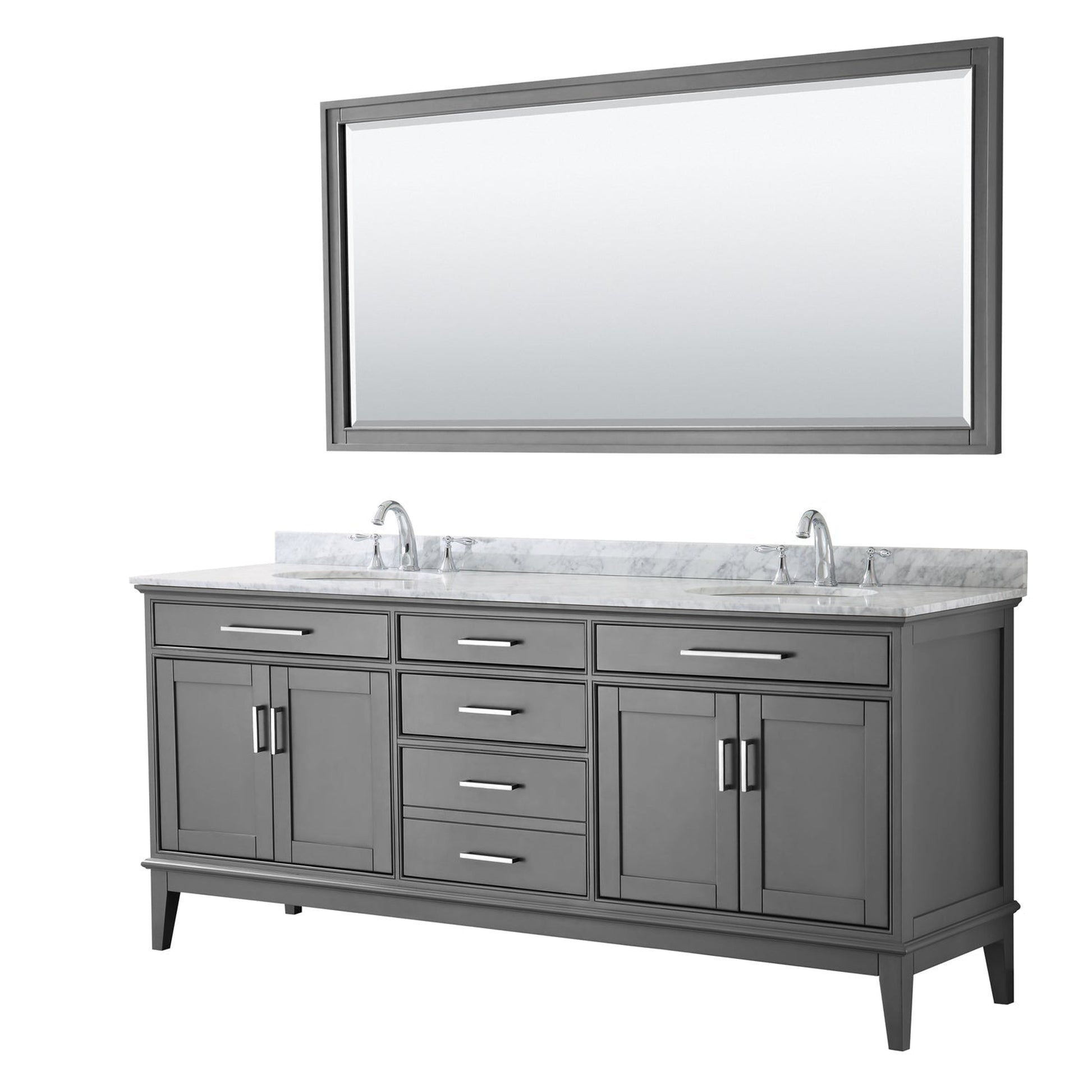 Wyndham Collection Margate 80" Double Bathroom Dark Gray Vanity With White Carrara Marble Countertop, Undermount Oval Sink And 70" Mirror