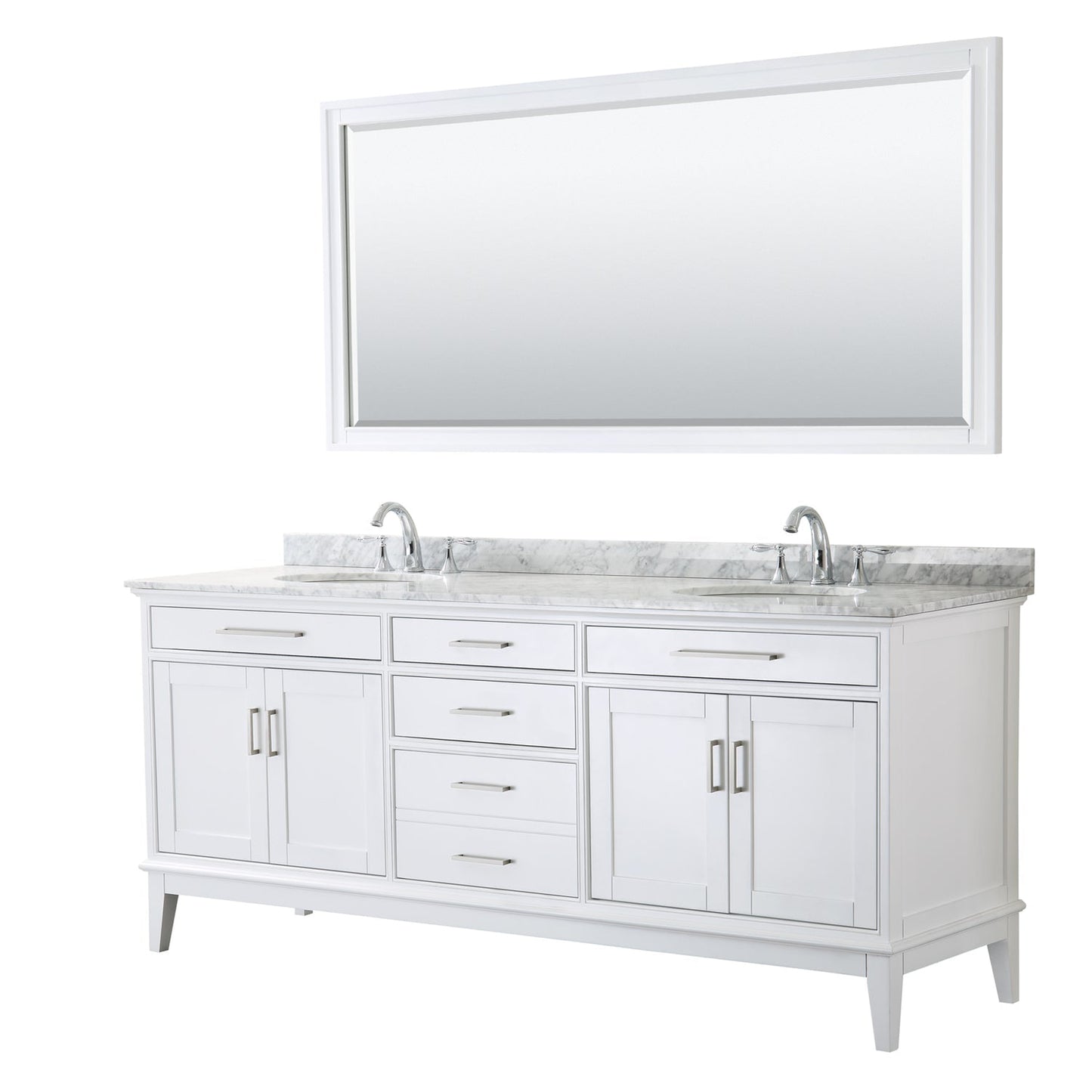 Wyndham Collection Margate 80" Double Bathroom White Vanity With White Carrara Marble Countertop, Undermount Oval Sink And 70" Mirror