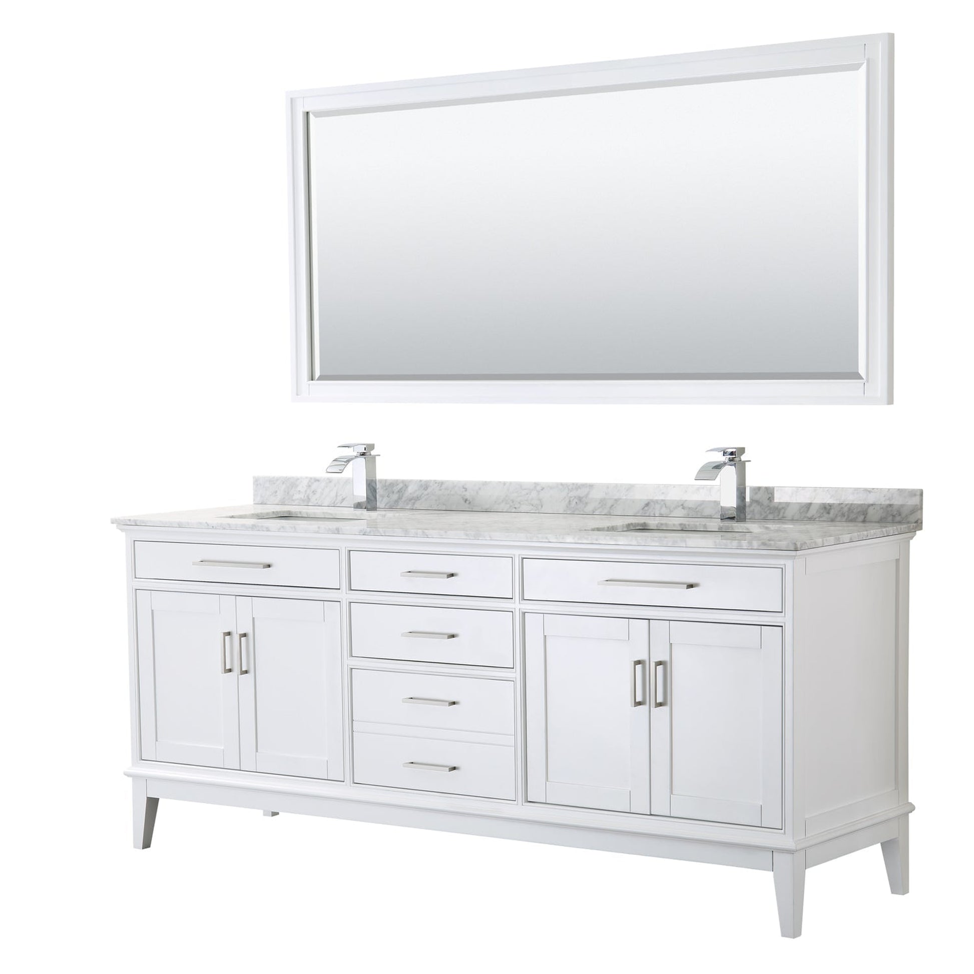 Wyndham Collection Margate 80" Double Bathroom White Vanity With White Carrara Marble Countertop, Undermount Square Sink And 70" Mirror