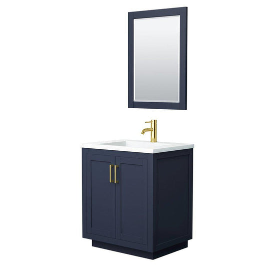 Wyndham Collection Miranda 30" Single Bathroom Dark Blue Vanity Set With 1.25" Thick Matte White Solid Surface Countertop, Integrated Sink, 24" Mirror And Brushed Gold Trim