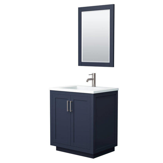 Wyndham Collection Miranda 30" Single Bathroom Dark Blue Vanity Set With 1.25" Thick Matte White Solid Surface Countertop, Integrated Sink, 24" Mirror And Brushed Nickel Trim