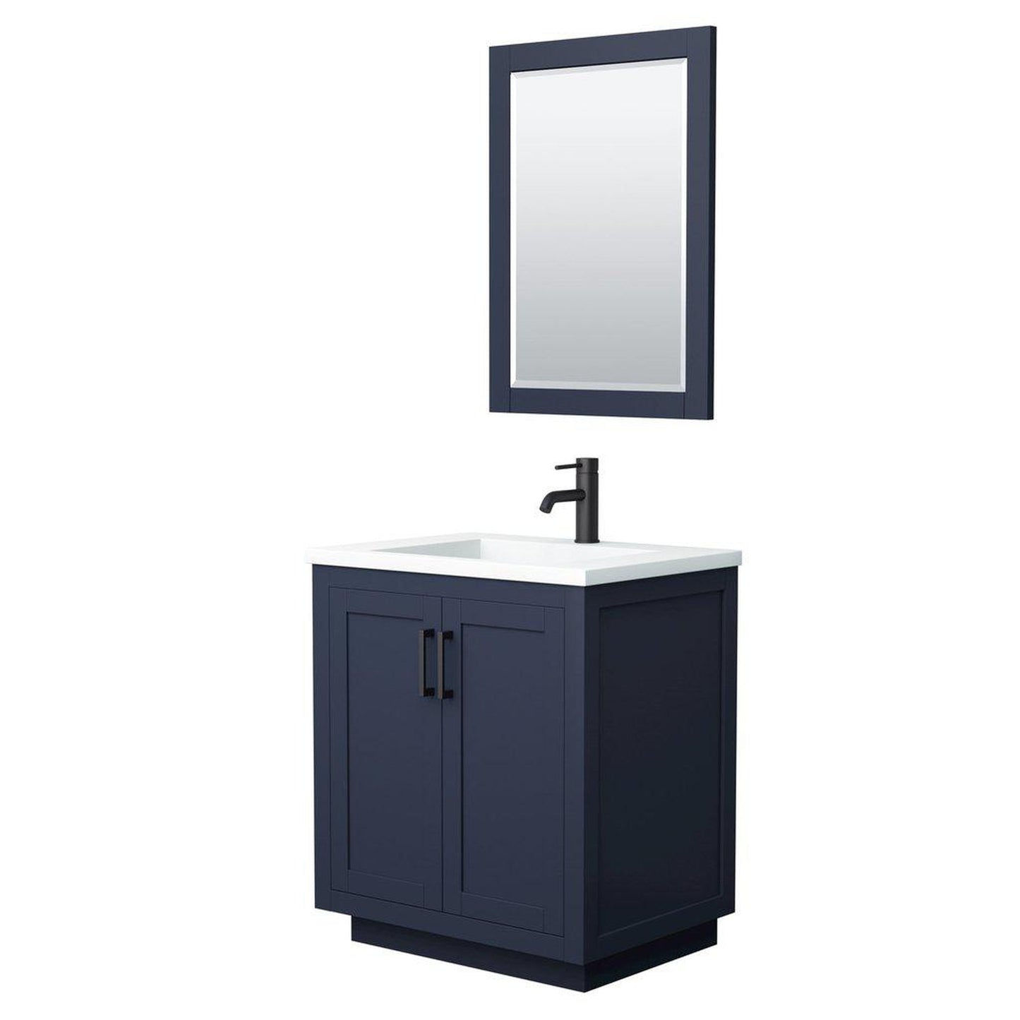 Wyndham Collection Miranda 30" Single Bathroom Dark Blue Vanity Set With 1.25" Thick Matte White Solid Surface Countertop, Integrated Sink, 24" Mirror And Matte Black Trim