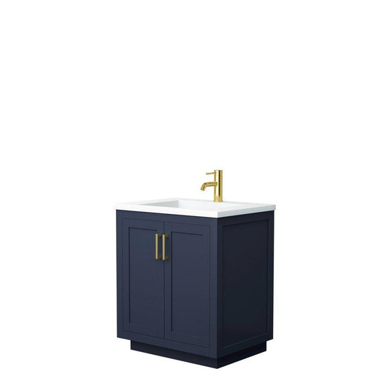 Wyndham Collection Miranda 30" Single Bathroom Dark Blue Vanity Set With 1.25" Thick Matte White Solid Surface Countertop, Integrated Sink, And Brushed Gold Trim