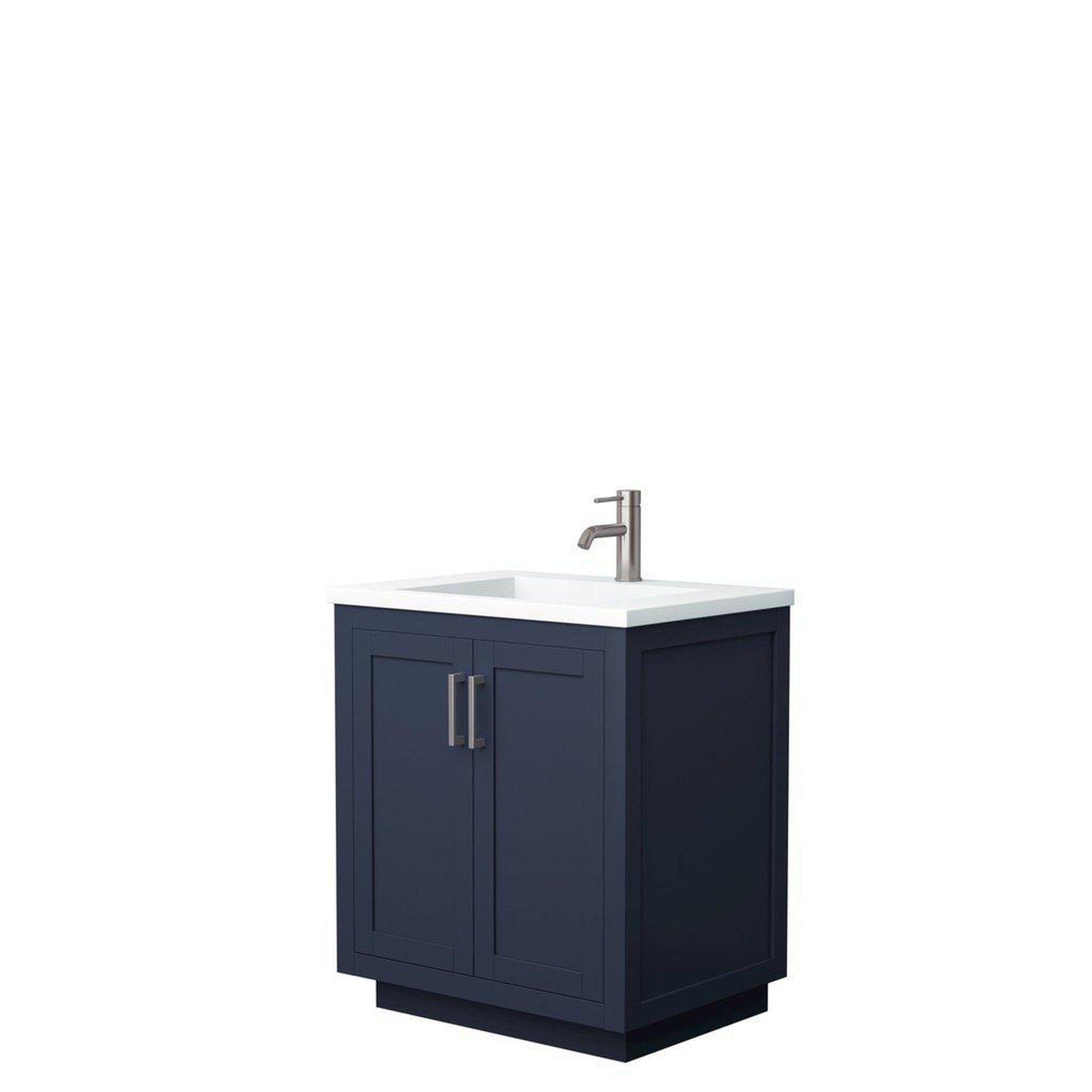 Wyndham Collection Miranda 30" Single Bathroom Dark Blue Vanity Set With 1.25" Thick Matte White Solid Surface Countertop, Integrated Sink, And Brushed Nickel Trim