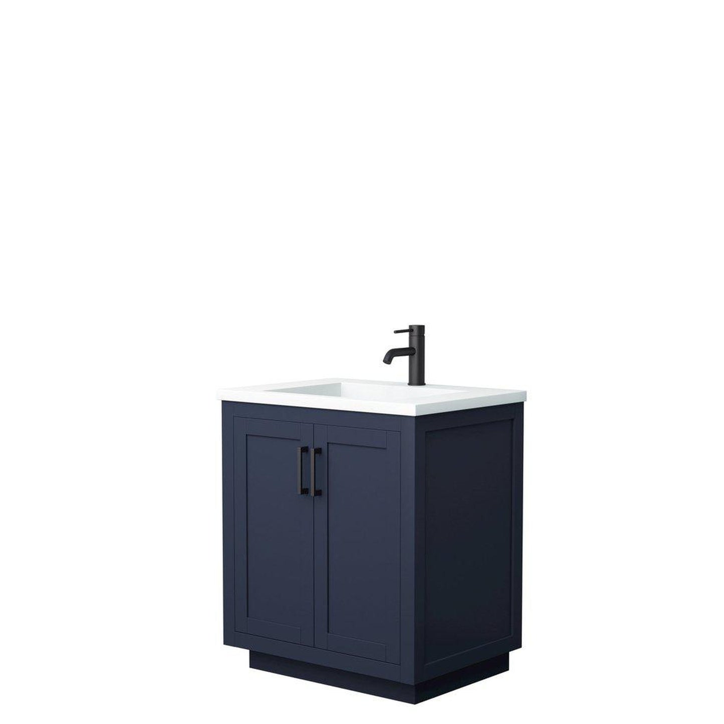 Wyndham Collection Miranda 30" Single Bathroom Dark Blue Vanity Set With 1.25" Thick Matte White Solid Surface Countertop, Integrated Sink, And Matte Black Trim