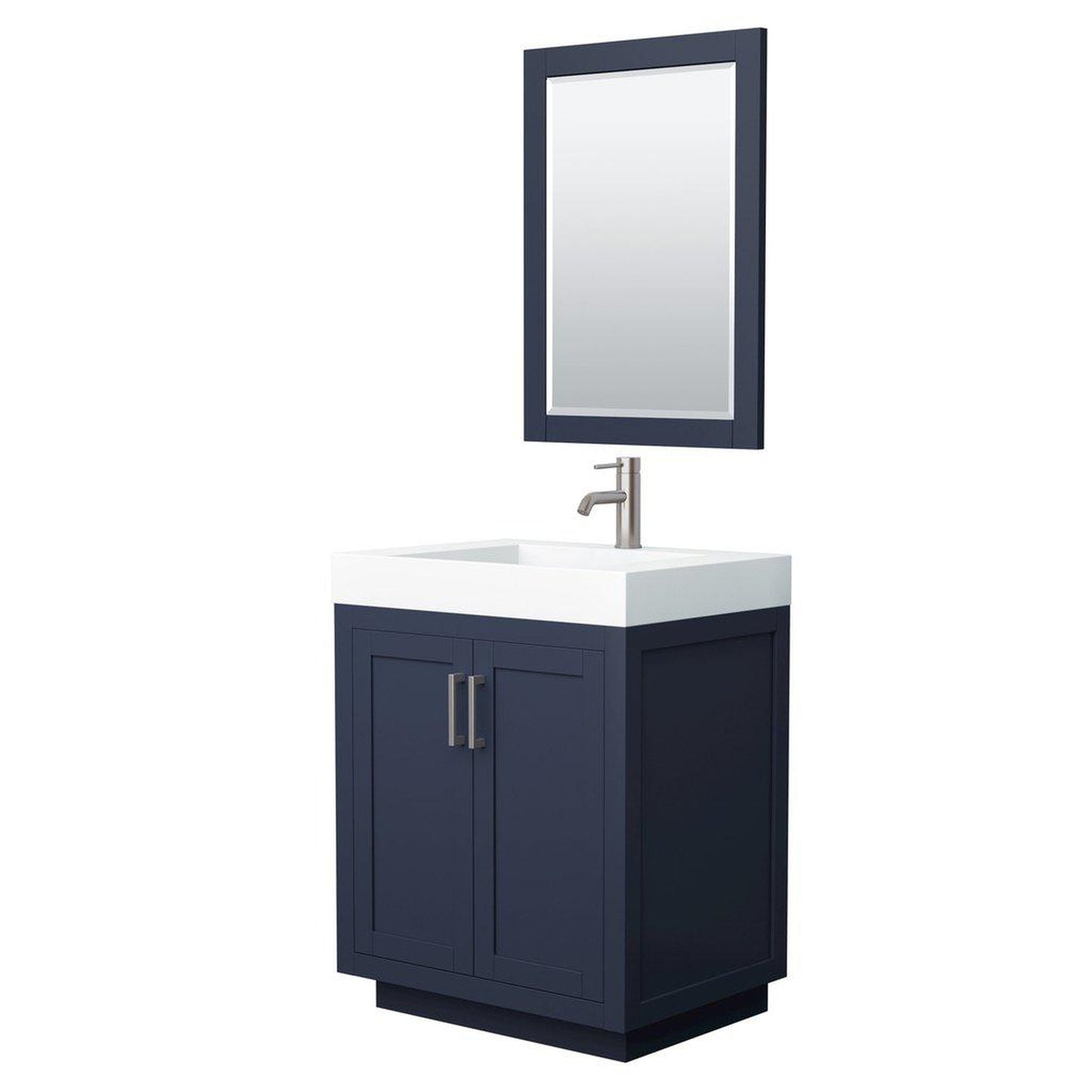 Wyndham Collection Miranda 30" Single Bathroom Dark Blue Vanity Set With 4" Thick Matte White Solid Surface Countertop, Integrated Sink, 24" Mirror And Brushed Nickel Trim