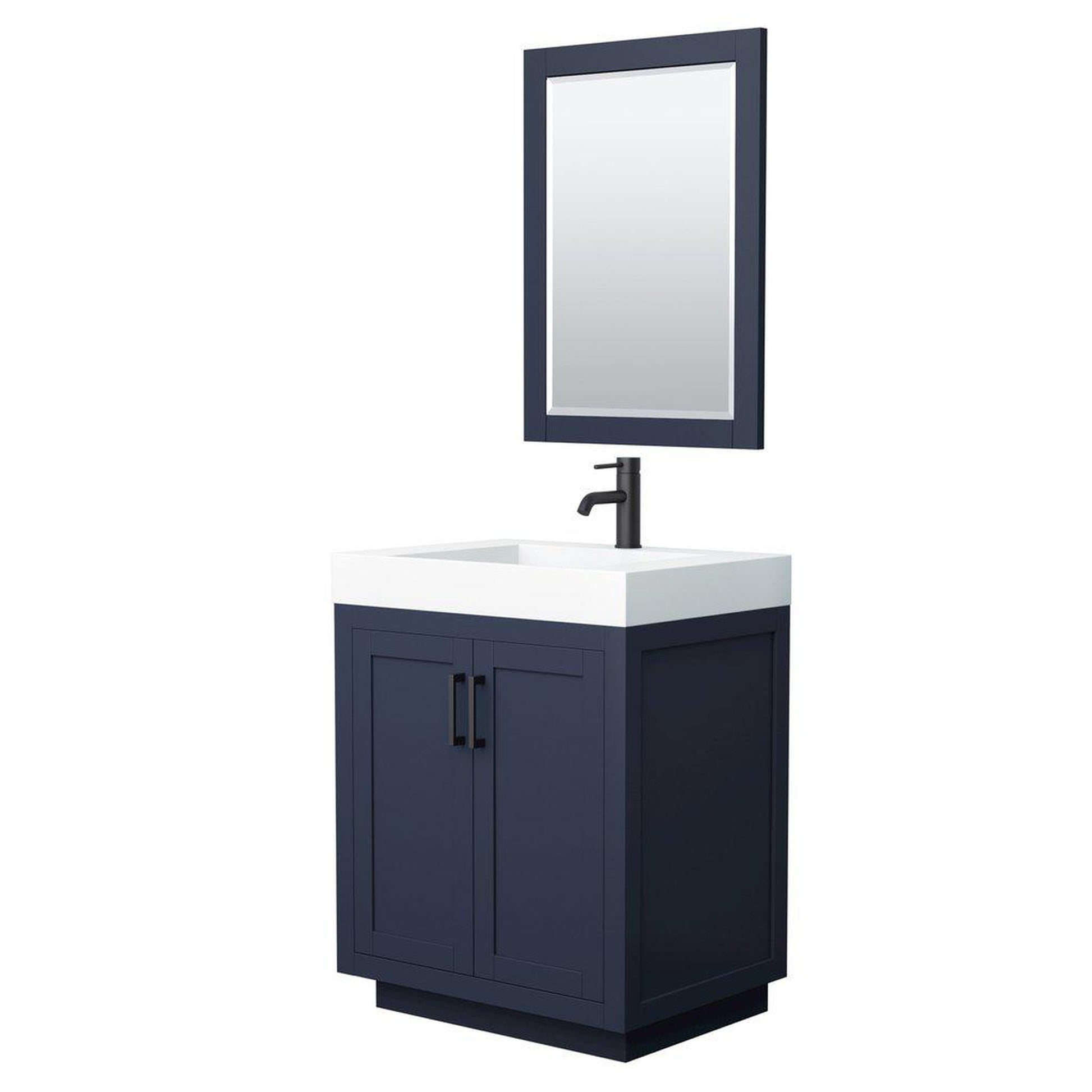 Wyndham Collection Miranda 30" Single Bathroom Dark Blue Vanity Set With 4" Thick Matte White Solid Surface Countertop, Integrated Sink, 24" Mirror And Matte Black Trim