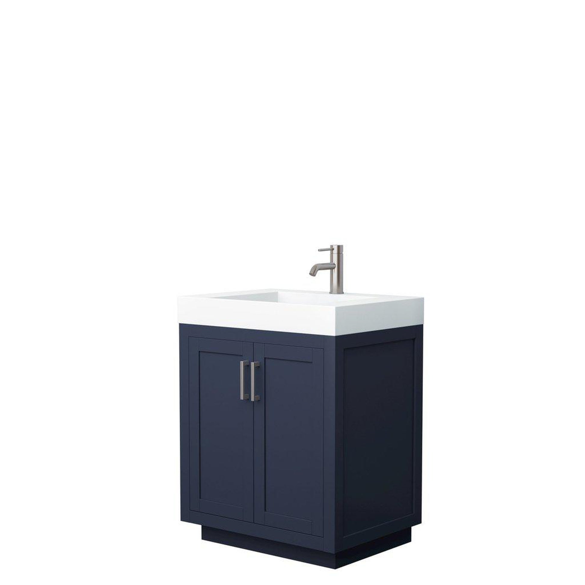 Wyndham Collection Miranda 30" Single Bathroom Dark Blue Vanity Set With 4" Thick Matte White Solid Surface Countertop, Integrated Sink, And Brushed Nickel Trim