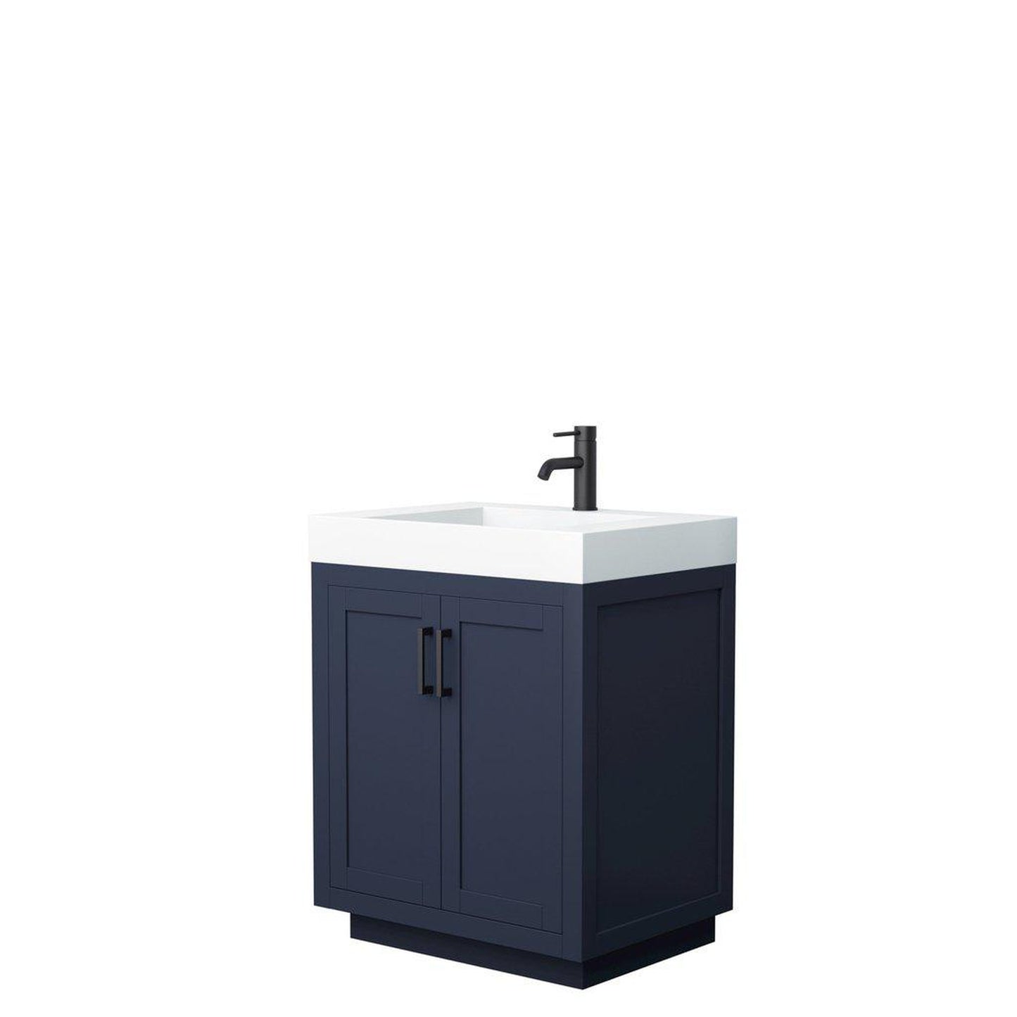 Wyndham Collection Miranda 30" Single Bathroom Dark Blue Vanity Set With 4" Thick Matte White Solid Surface Countertop, Integrated Sink, And Matte Black Trim