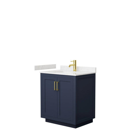 Wyndham Collection Miranda 30" Single Bathroom Dark Blue Vanity Set With Light-Vein Carrara Cultured Marble Countertop, Undermount Square Sink, And Brushed Gold Trim