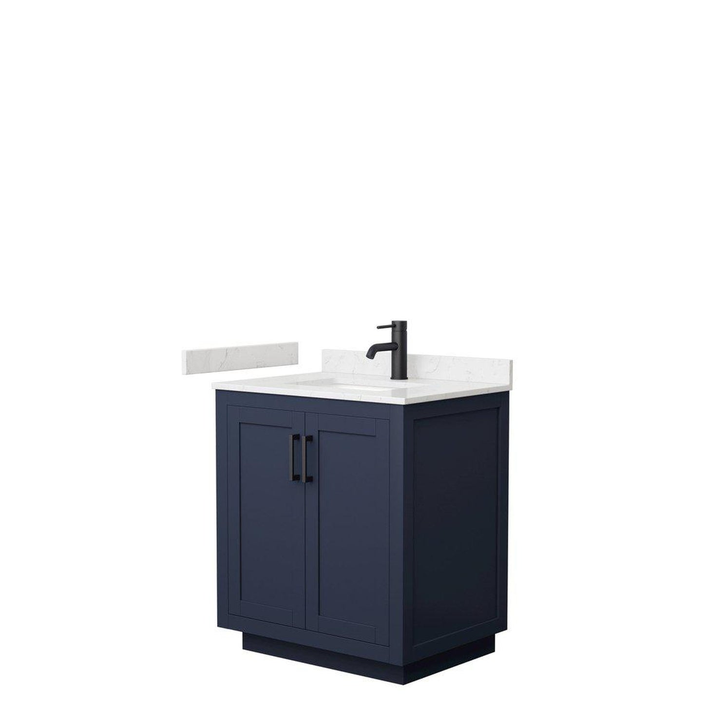 Wyndham Collection Miranda 30" Single Bathroom Dark Blue Vanity Set With Light-Vein Carrara Cultured Marble Countertop, Undermount Square Sink, And Matte Black Trim