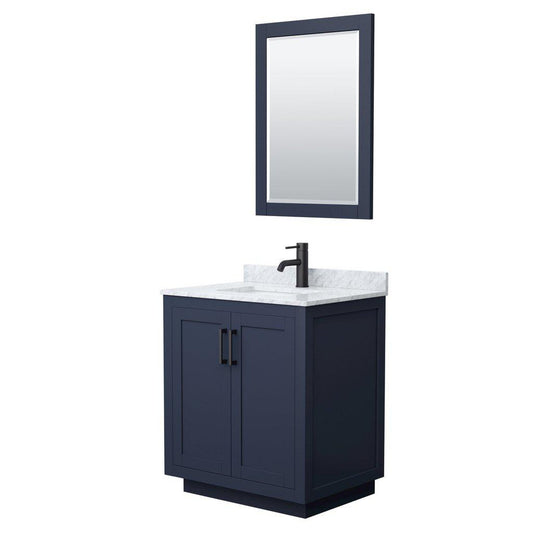 Wyndham Collection Miranda 30" Single Bathroom Dark Blue Vanity Set With White Carrara Marble Countertop, Undermount Square Sink, 24" Mirror And Matte Black Trim