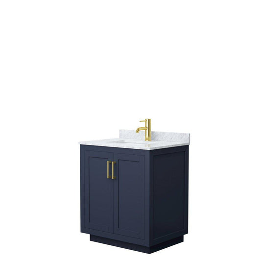 Wyndham Collection Miranda 30" Single Bathroom Dark Blue Vanity Set With White Carrara Marble Countertop, Undermount Square Sink, And Brushed Gold Trim