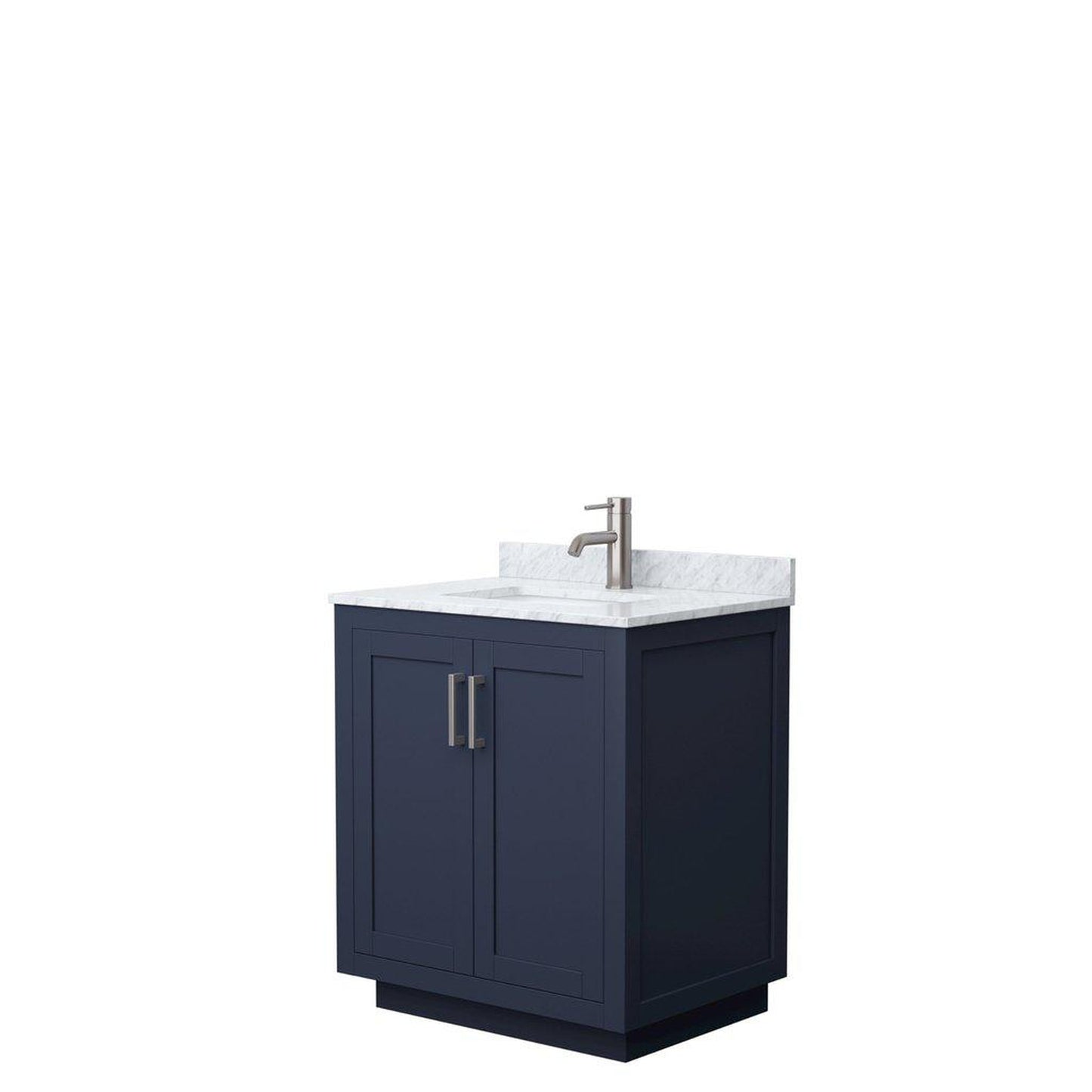 Wyndham Collection Miranda 30" Single Bathroom Dark Blue Vanity Set With White Carrara Marble Countertop, Undermount Square Sink, And Brushed Nickel Trim