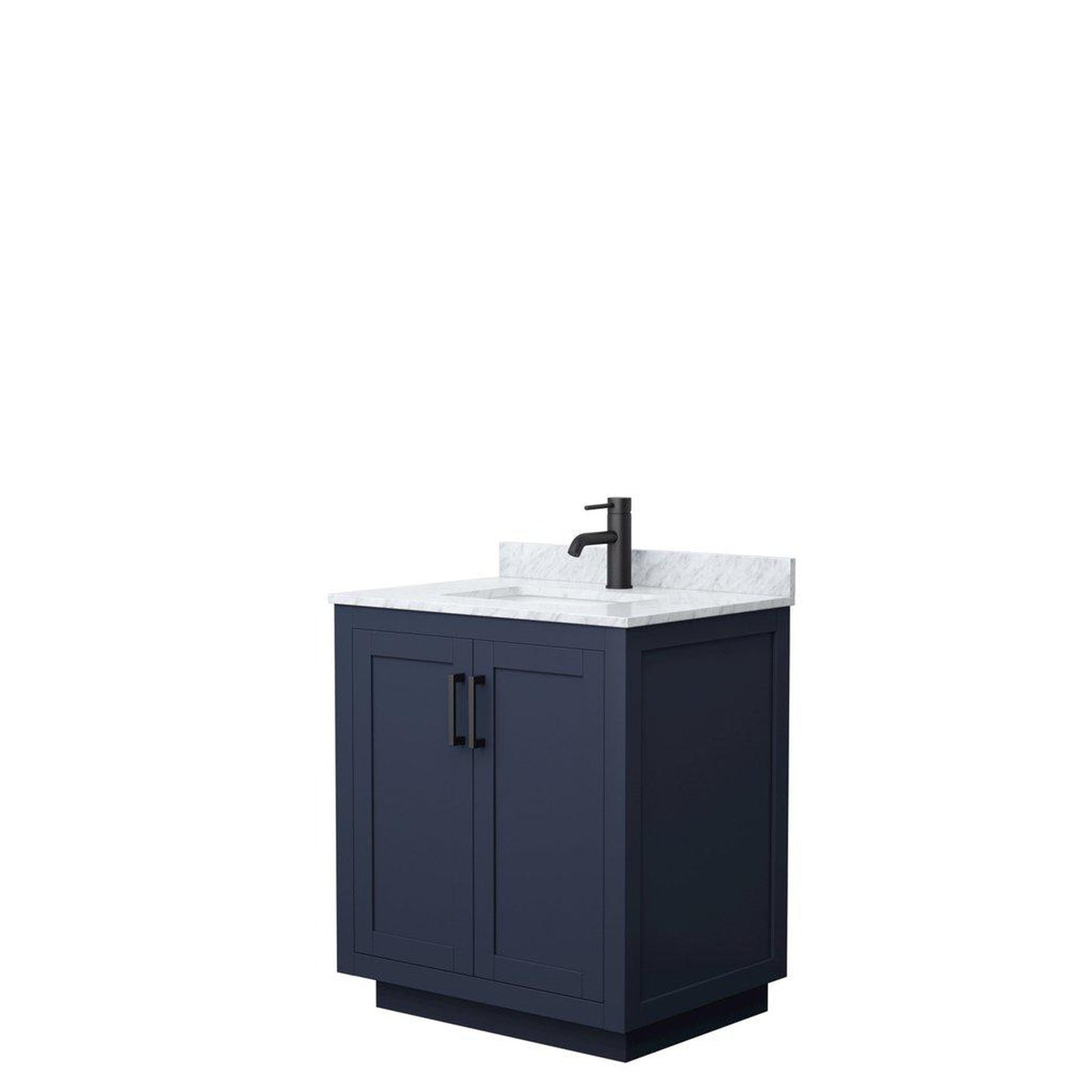 Wyndham Collection Miranda 30" Single Bathroom Dark Blue Vanity Set With White Carrara Marble Countertop, Undermount Square Sink, And Matte Black Trim