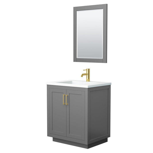 Wyndham Collection Miranda 30" Single Bathroom Dark Gray Vanity Set With 1.25" Thick Matte White Solid Surface Countertop, Integrated Sink, 24" Mirror And Brushed Gold Trim