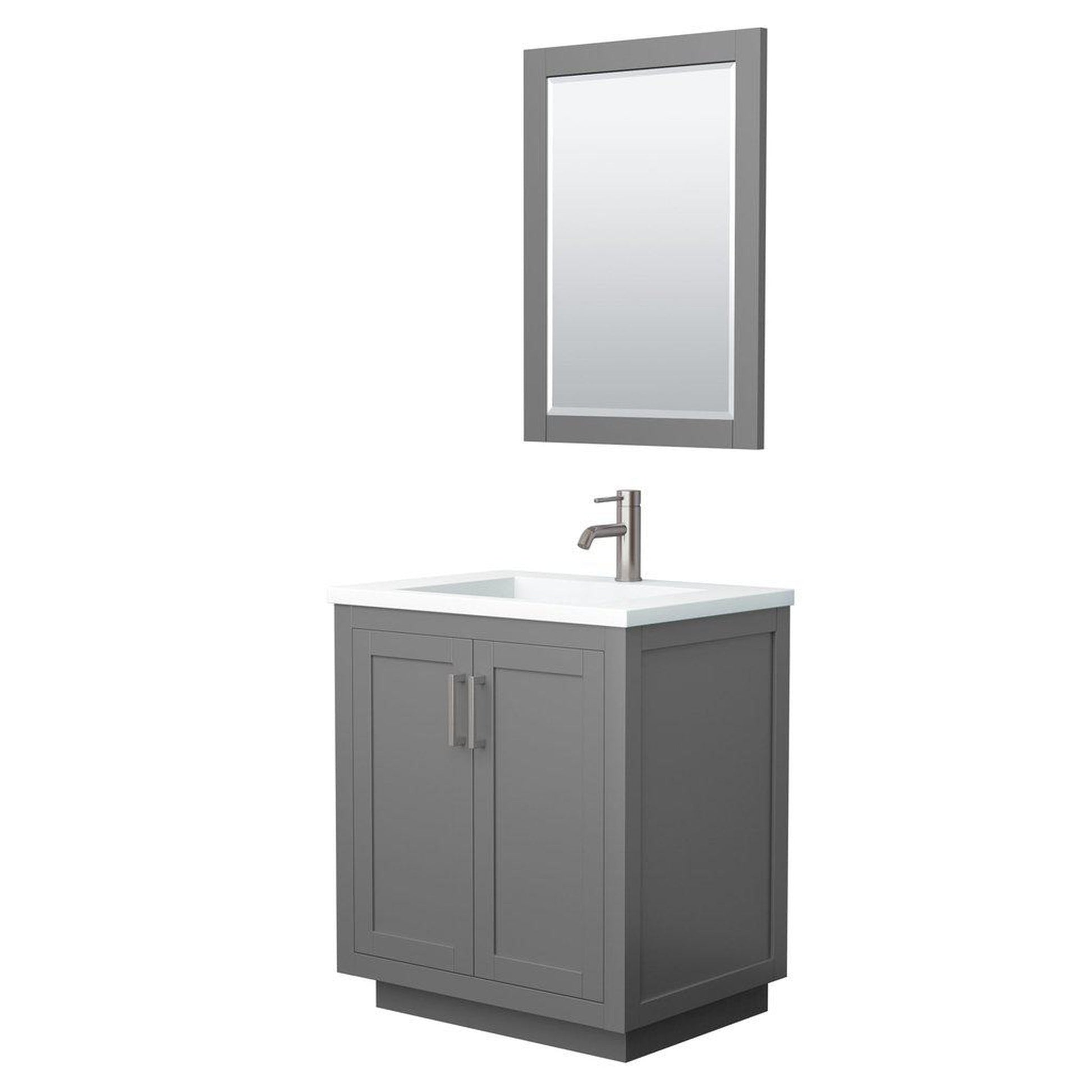 Wyndham Collection Miranda 30" Single Bathroom Dark Gray Vanity Set With 1.25" Thick Matte White Solid Surface Countertop, Integrated Sink, 24" Mirror And Brushed Nickel Trim