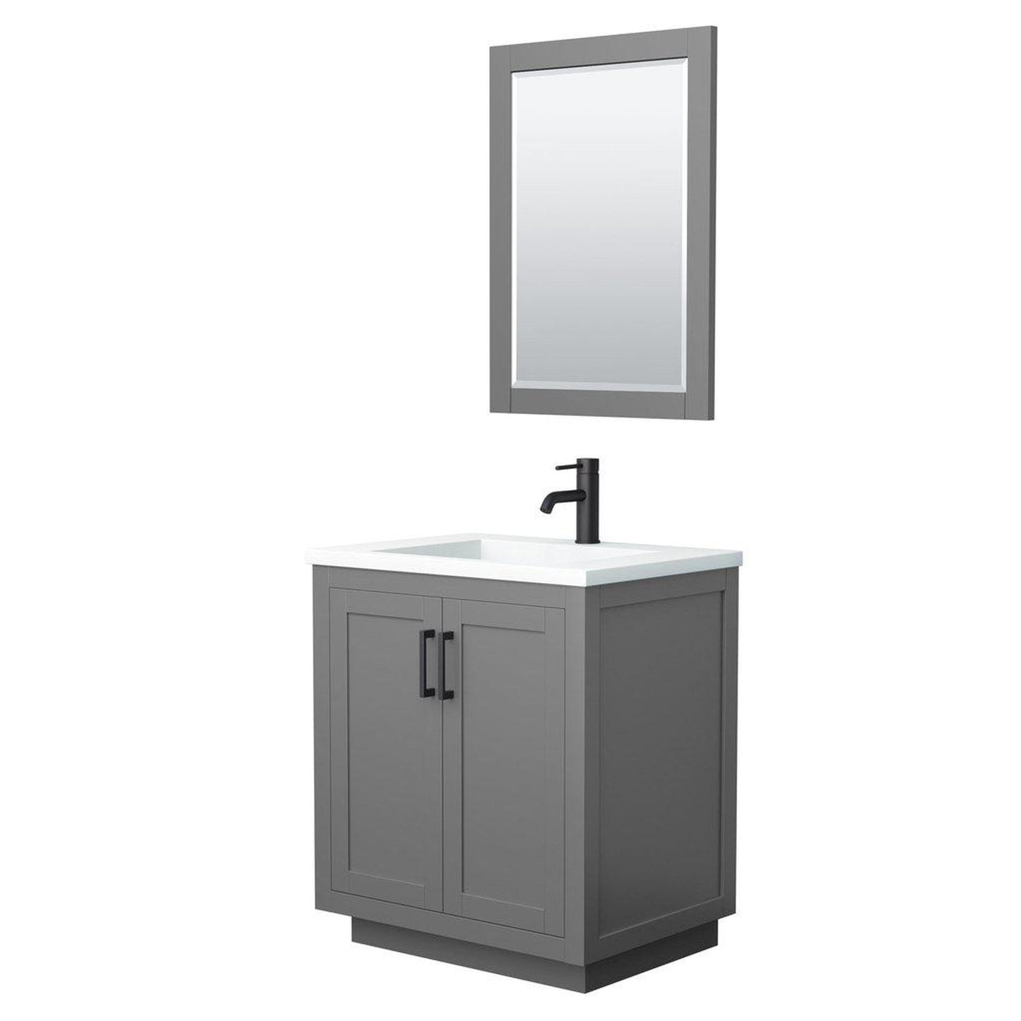 Wyndham Collection Miranda 30" Single Bathroom Dark Gray Vanity Set With 1.25" Thick Matte White Solid Surface Countertop, Integrated Sink, 24" Mirror And Matte Black Trim