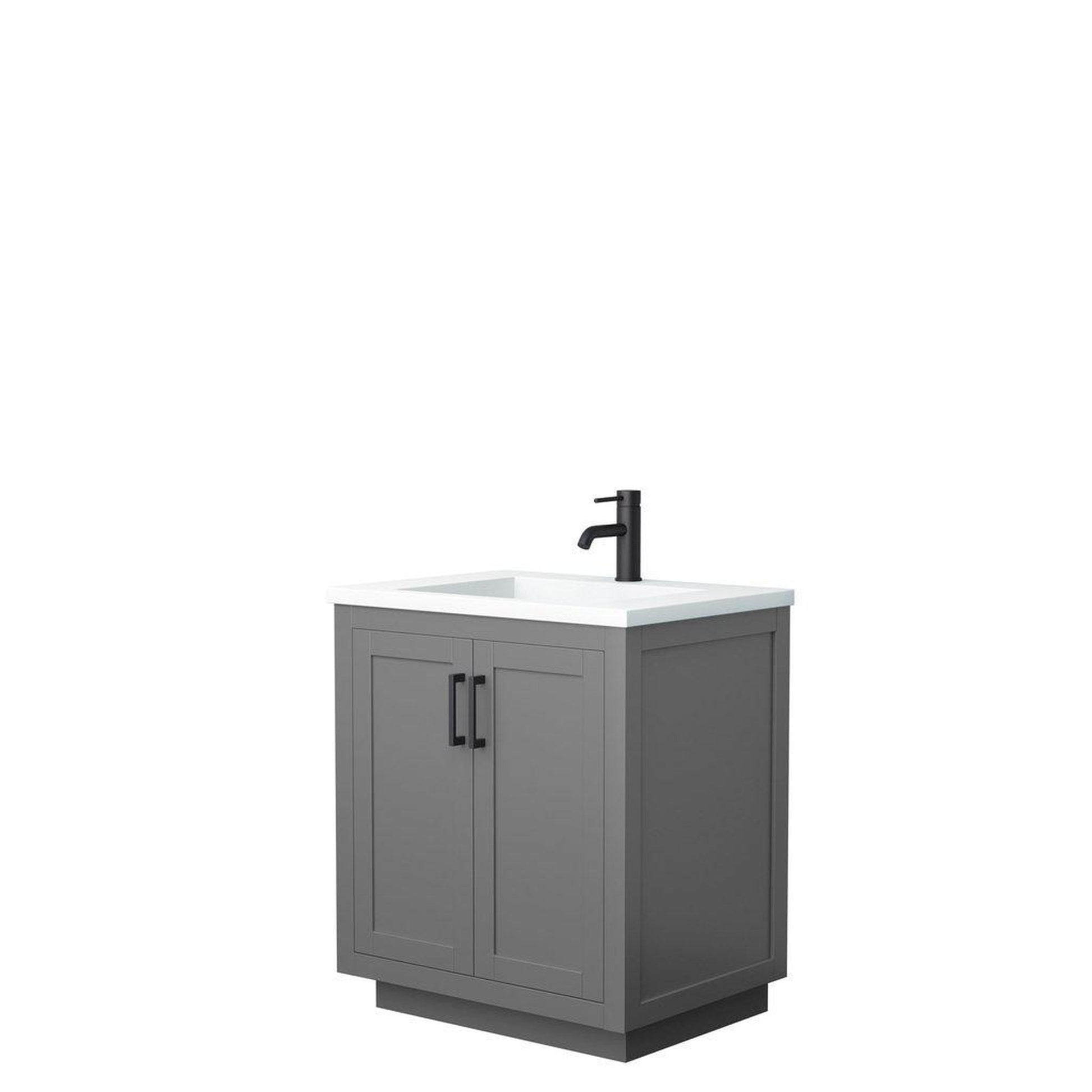 Wyndham Collection Miranda 30" Single Bathroom Dark Gray Vanity Set With 1.25" Thick Matte White Solid Surface Countertop, Integrated Sink, And Matte Black Trim