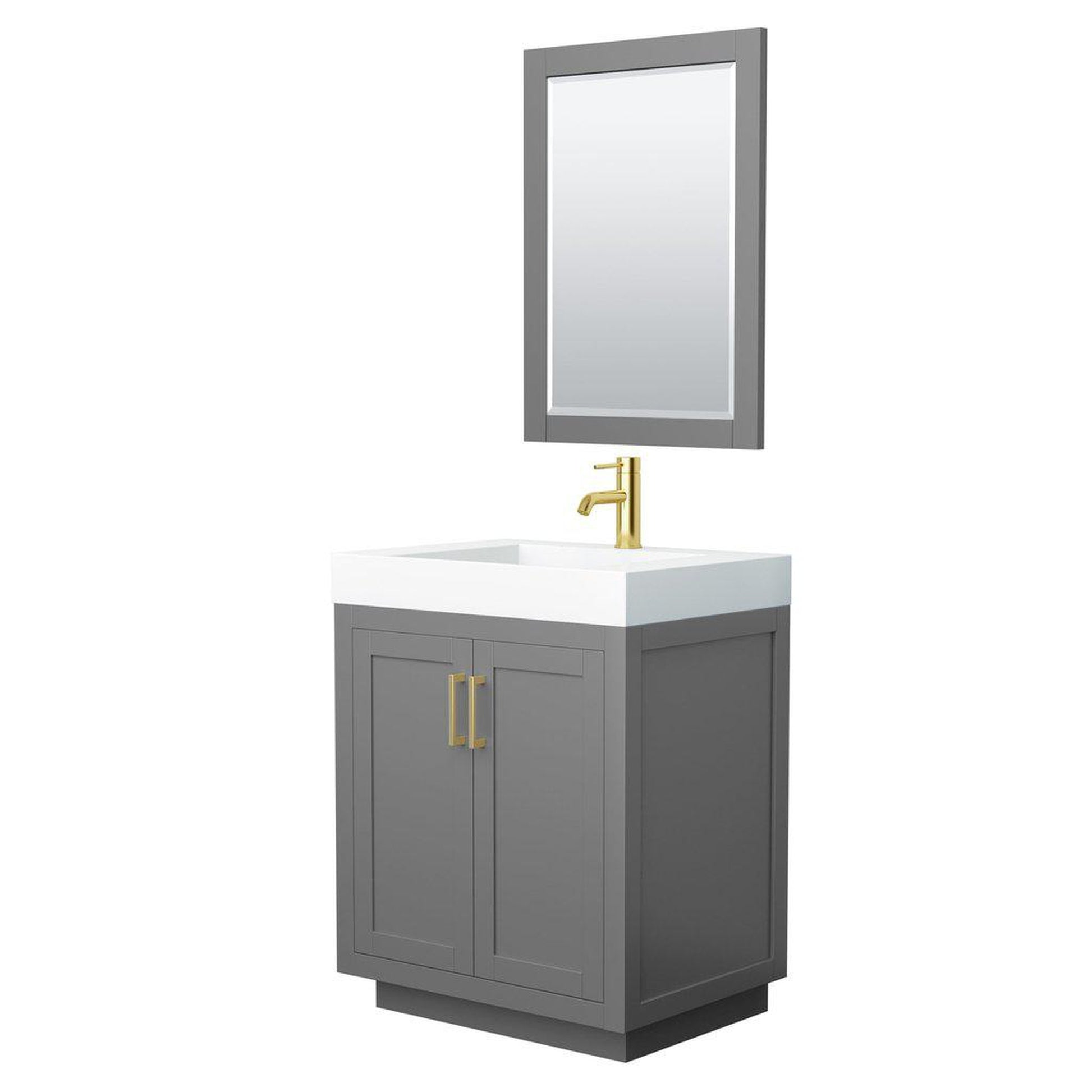 Wyndham Collection Miranda 30" Single Bathroom Dark Gray Vanity Set With 4" Thick Matte White Solid Surface Countertop, Integrated Sink, 24" Mirror And Brushed Gold Trim