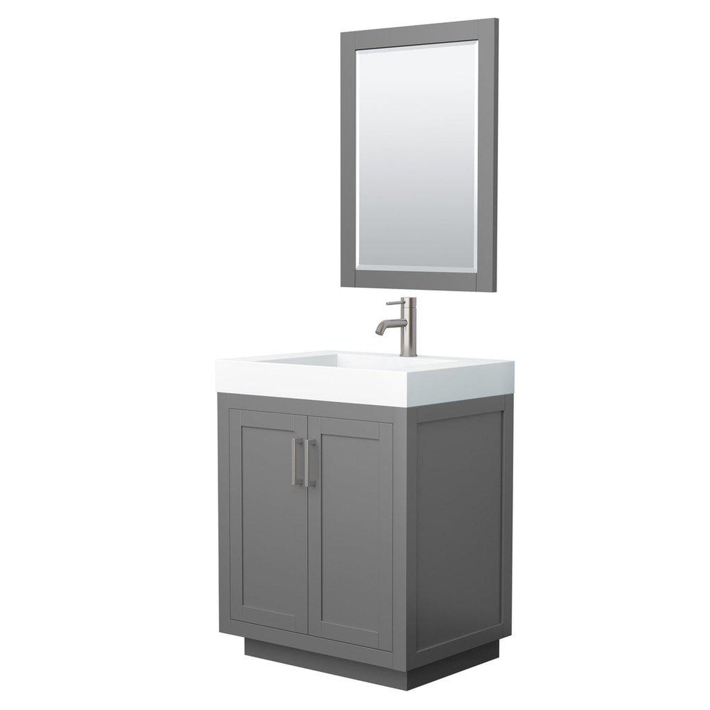 Wyndham Collection Miranda 30" Single Bathroom Dark Gray Vanity Set With 4" Thick Matte White Solid Surface Countertop, Integrated Sink, 24" Mirror And Brushed Nickel Trim