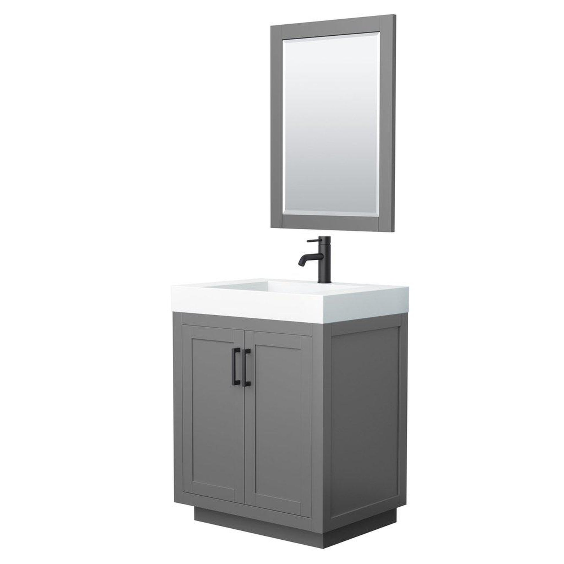Wyndham Collection Miranda 30" Single Bathroom Dark Gray Vanity Set With 4" Thick Matte White Solid Surface Countertop, Integrated Sink, 24" Mirror And Matte Black Trim