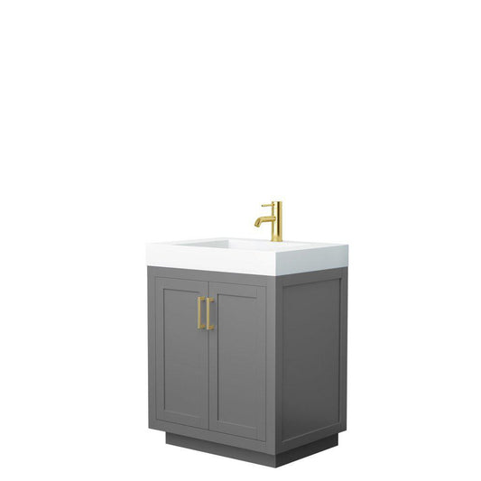Wyndham Collection Miranda 30" Single Bathroom Dark Gray Vanity Set With 4" Thick Matte White Solid Surface Countertop, Integrated Sink, And Brushed Gold Trim