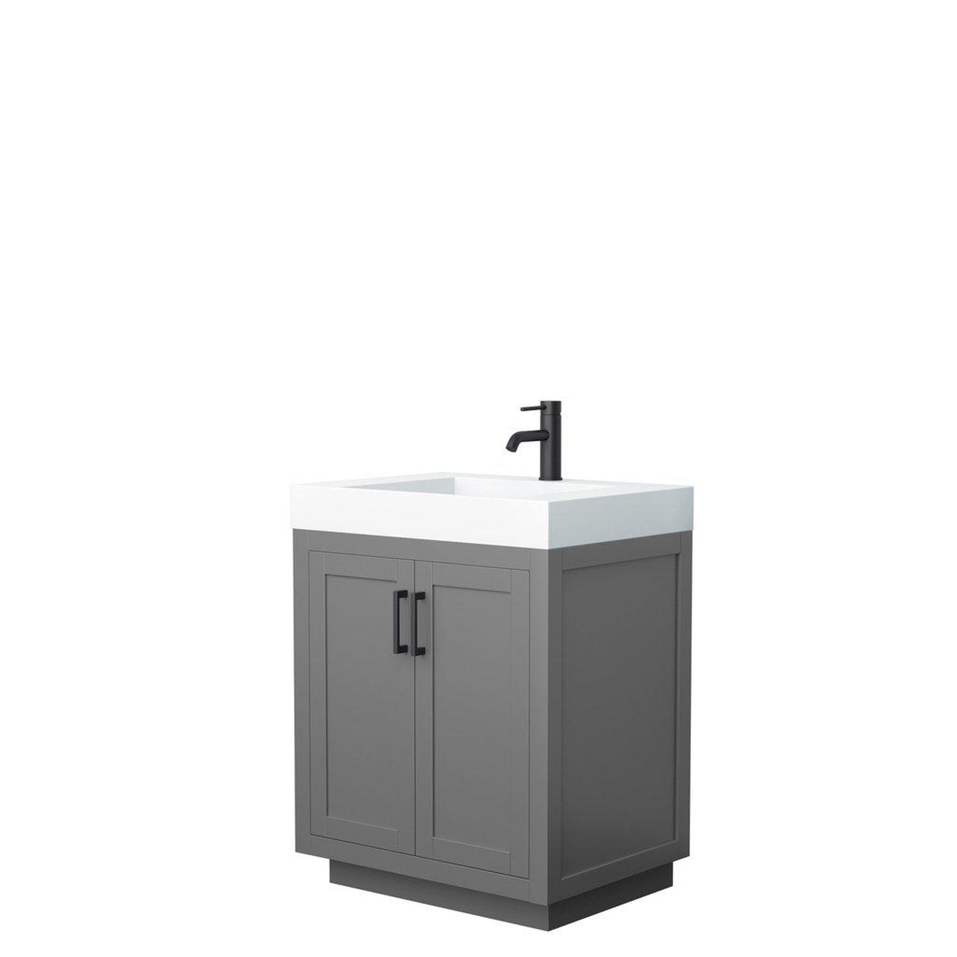 Wyndham Collection Miranda 30" Single Bathroom Dark Gray Vanity Set With 4" Thick Matte White Solid Surface Countertop, Integrated Sink, And Matte Black Trim