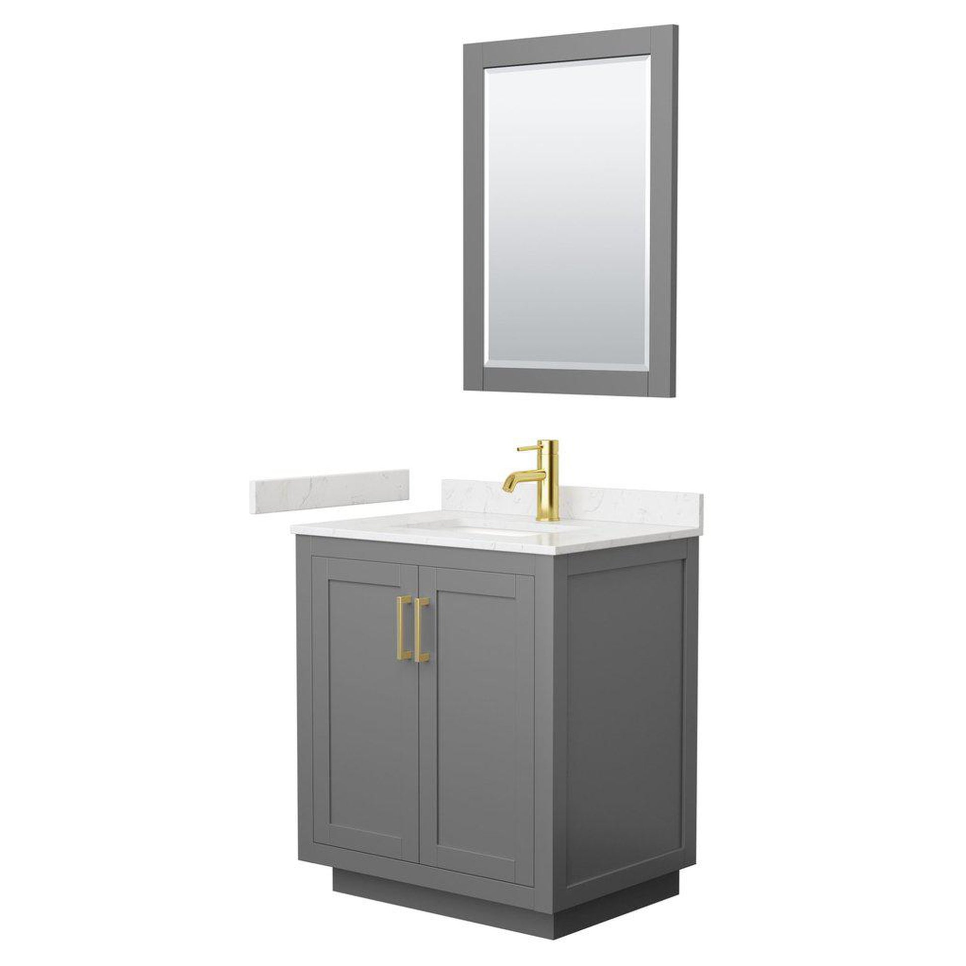 Wyndham Collection Miranda 30" Single Bathroom Dark Gray Vanity Set With Light-Vein Carrara Cultured Marble Countertop, Undermount Square Sink, 24" Mirror And Brushed Gold Trim