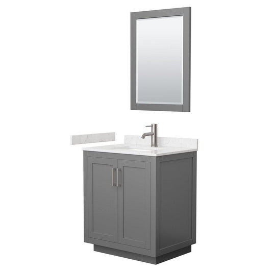 Wyndham Collection Miranda 30" Single Bathroom Dark Gray Vanity Set With Light-Vein Carrara Cultured Marble Countertop, Undermount Square Sink, 24" Mirror And Brushed Nickel Trim