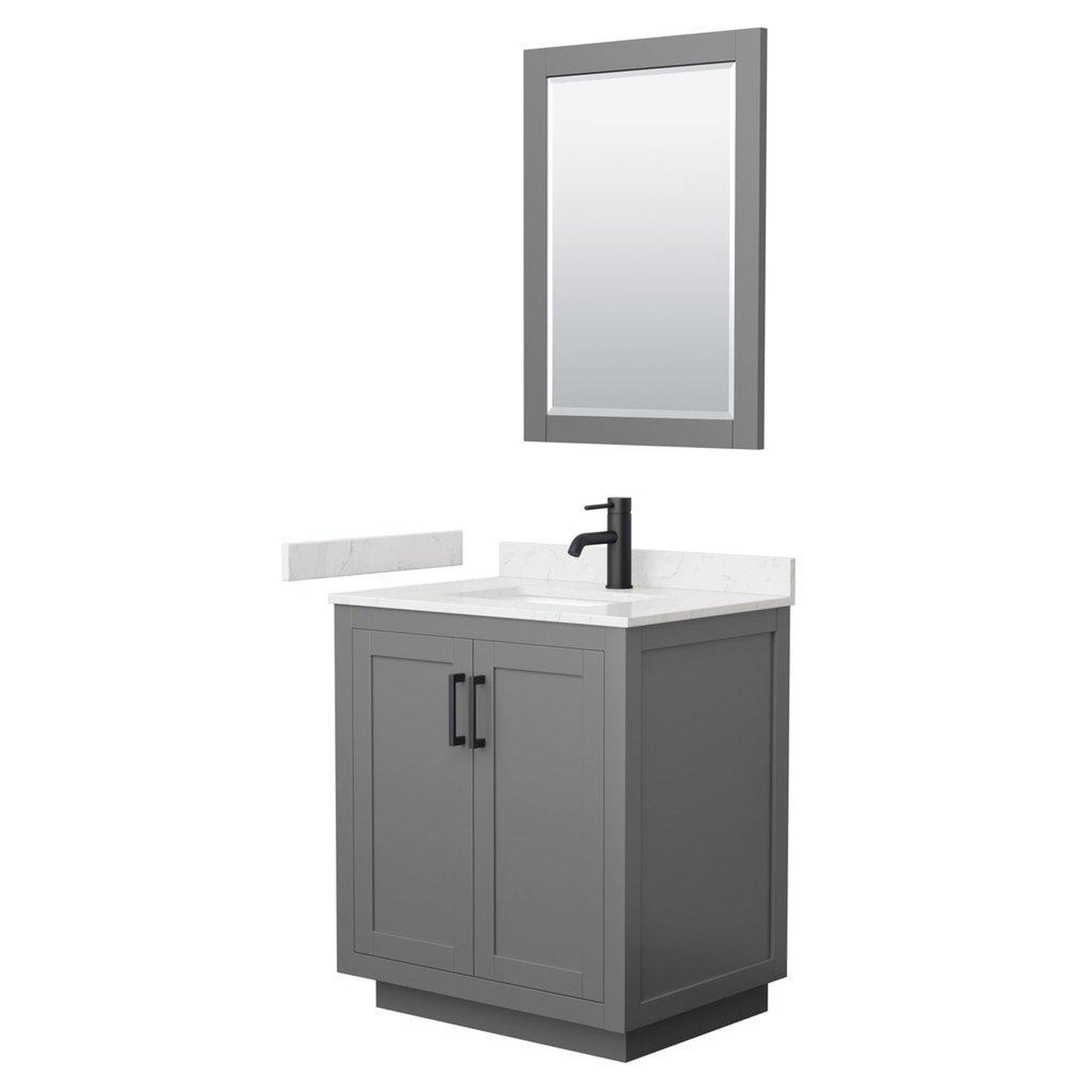 Wyndham Collection Miranda 30" Single Bathroom Dark Gray Vanity Set With Light-Vein Carrara Cultured Marble Countertop, Undermount Square Sink, 24" Mirror And Matte Black Trim