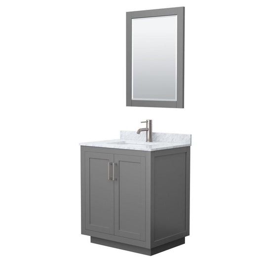 Wyndham Collection Miranda 30" Single Bathroom Dark Gray Vanity Set With White Carrara Marble Countertop, Undermount Square Sink, 24" Mirror And Brushed Nickel Trim