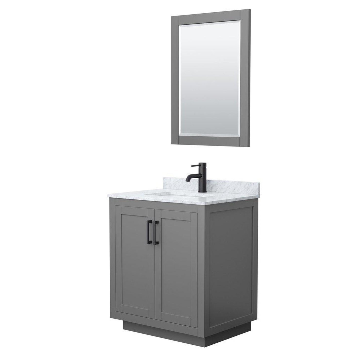 Wyndham Collection Miranda 30" Single Bathroom Dark Gray Vanity Set With White Carrara Marble Countertop, Undermount Square Sink, 24" Mirror And Matte Black Trim