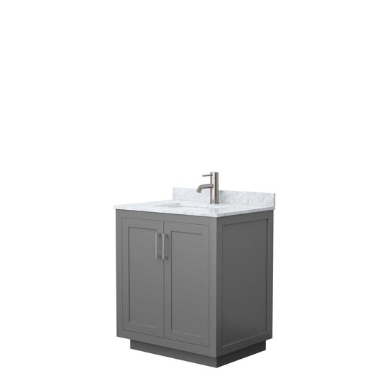 Wyndham Collection Miranda 30" Single Bathroom Dark Gray Vanity Set With White Carrara Marble Countertop, Undermount Square Sink, And Brushed Nickel Trim