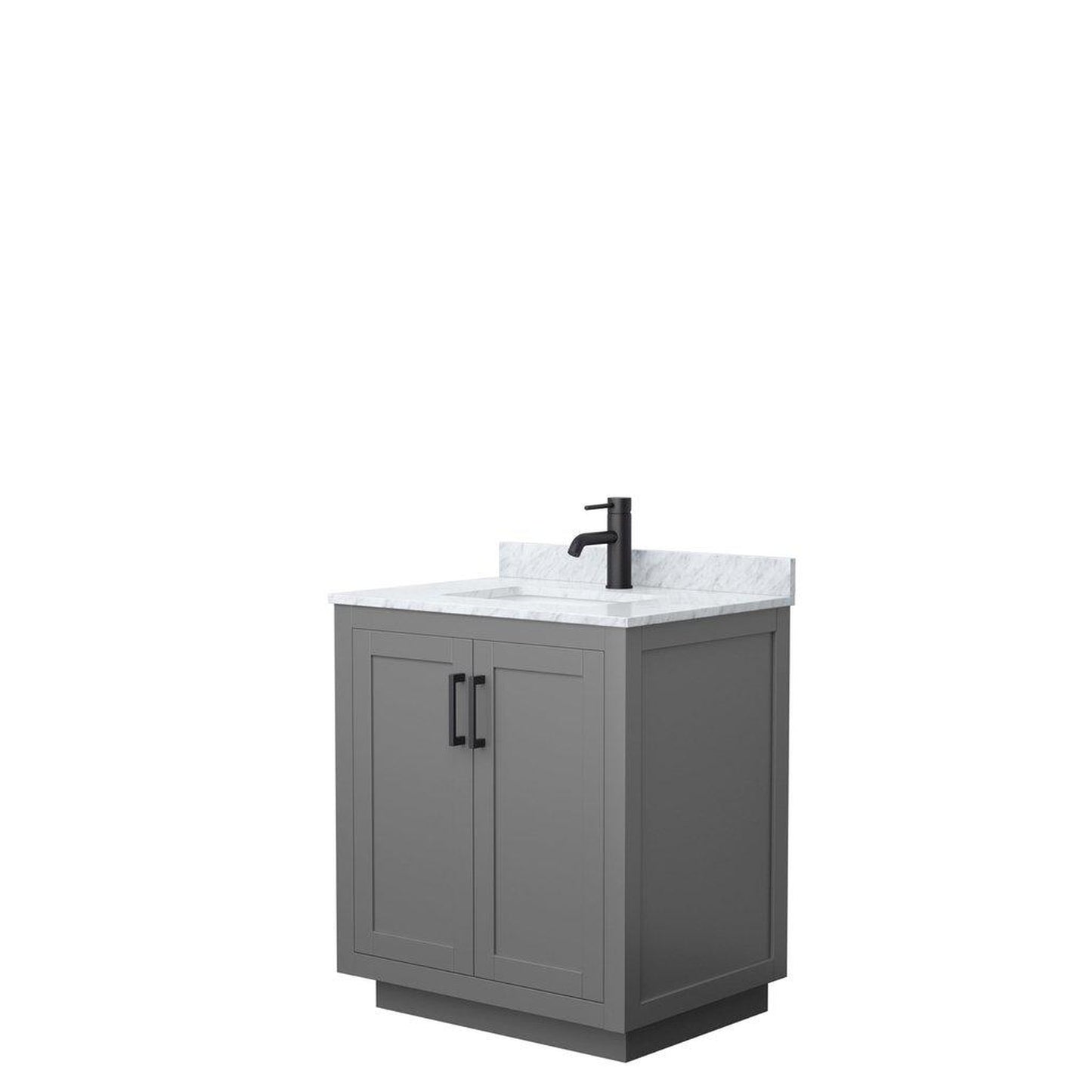 Wyndham Collection Miranda 30" Single Bathroom Dark Gray Vanity Set With White Carrara Marble Countertop, Undermount Square Sink, And Matte Black Trim