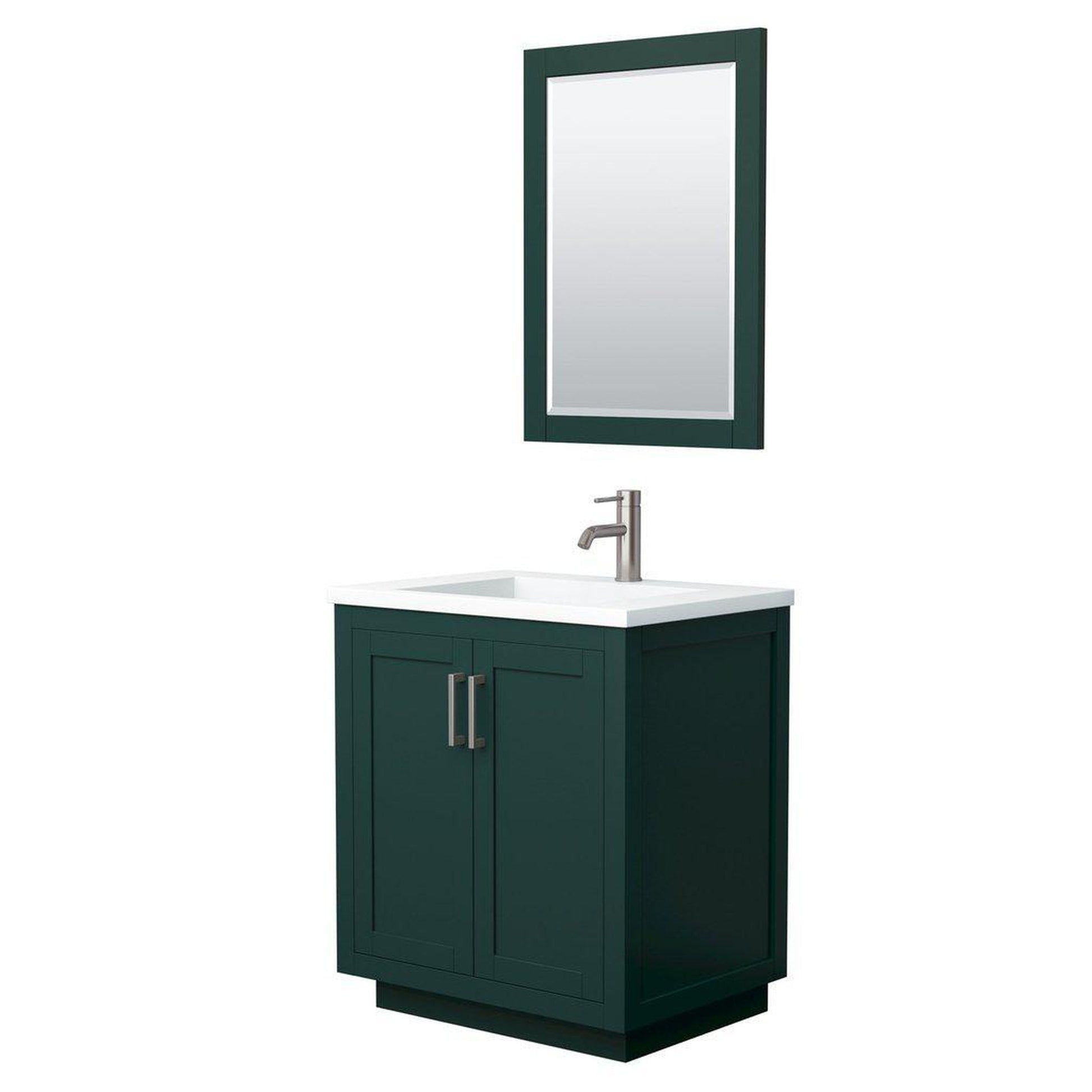 Wyndham Collection Miranda 30" Single Bathroom Green Vanity Set With 1.25" Thick Matte White Solid Surface Countertop, Integrated Sink, 24" Mirror And Brushed Nickel Trim