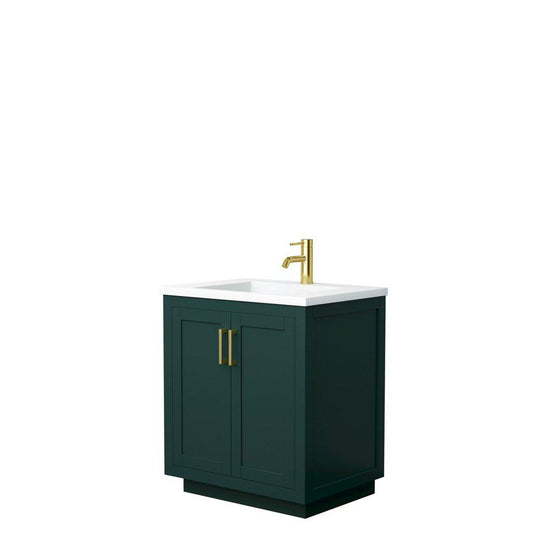 Wyndham Collection Miranda 30" Single Bathroom Green Vanity Set With 1.25" Thick Matte White Solid Surface Countertop, Integrated Sink, And Brushed Gold Trim